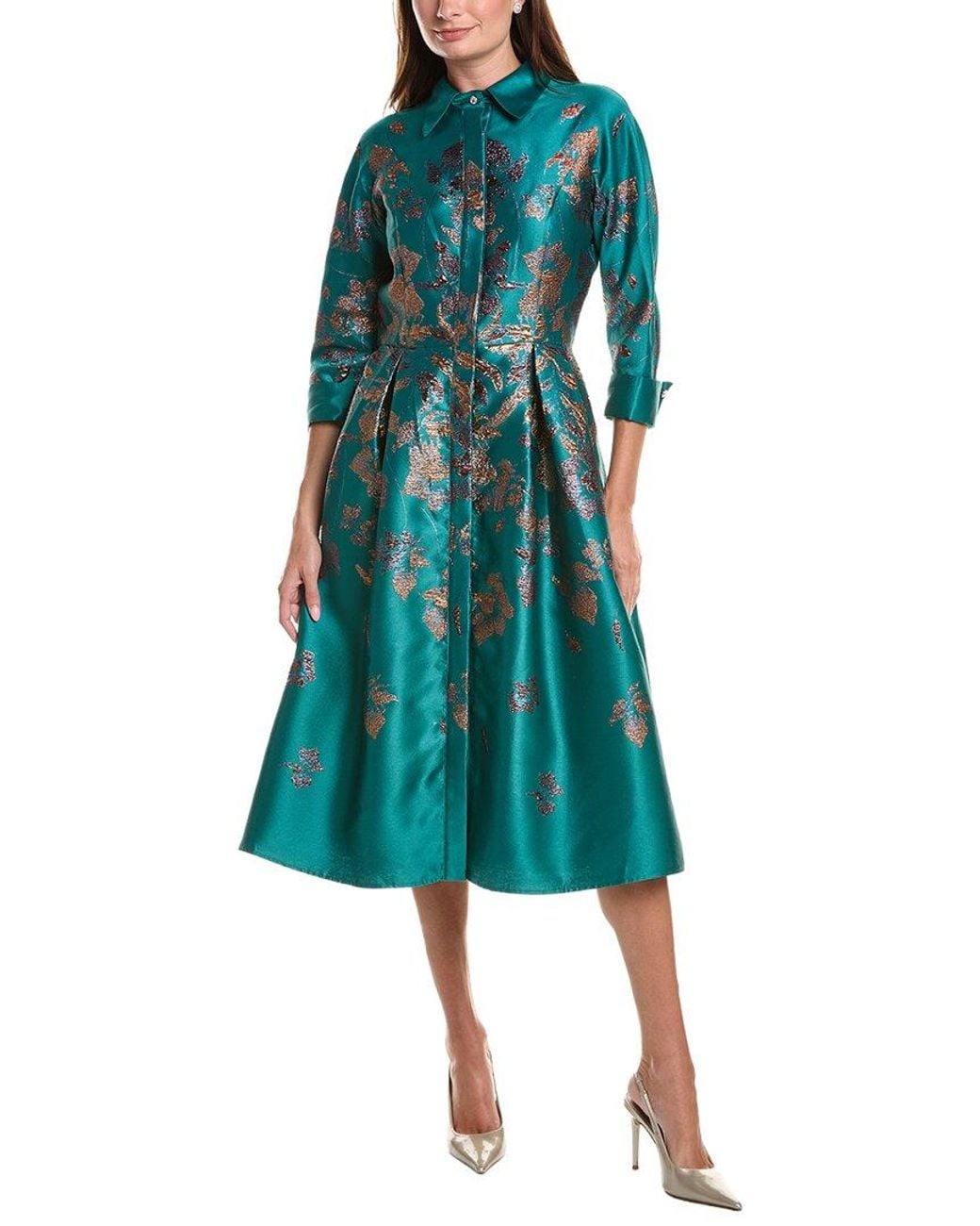 Teri Jon Blue Metallic Jacquard Floral Shirtdress