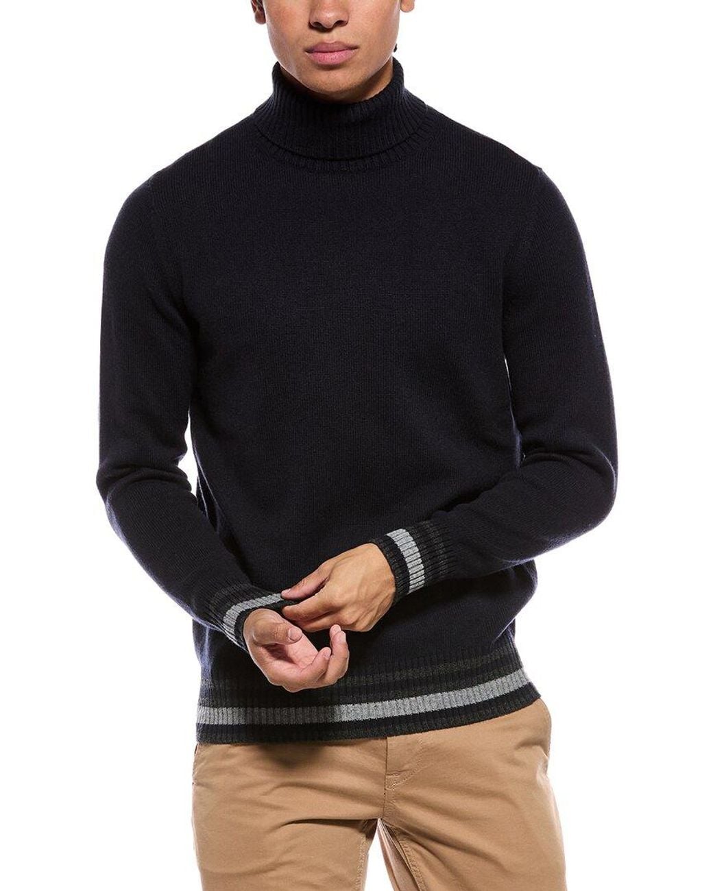 N.Peal Cashmere Blue Stripe 100% Cashmere Turtleneck Sweater for men