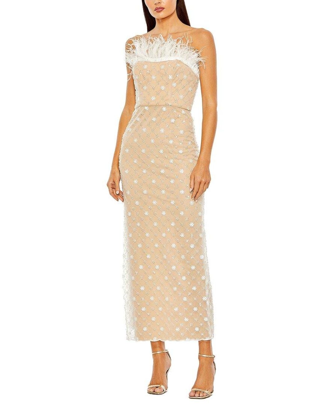 Mac Duggal Natural Strapless Embellished Midi Dress
