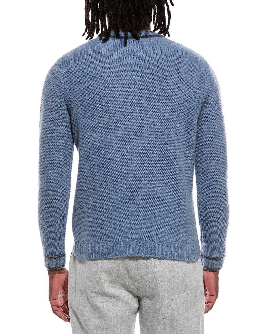 Autumn Cashmere Blue Purl Crewneck Striped Trims Wool & Cashmere-Blend Sweater for men