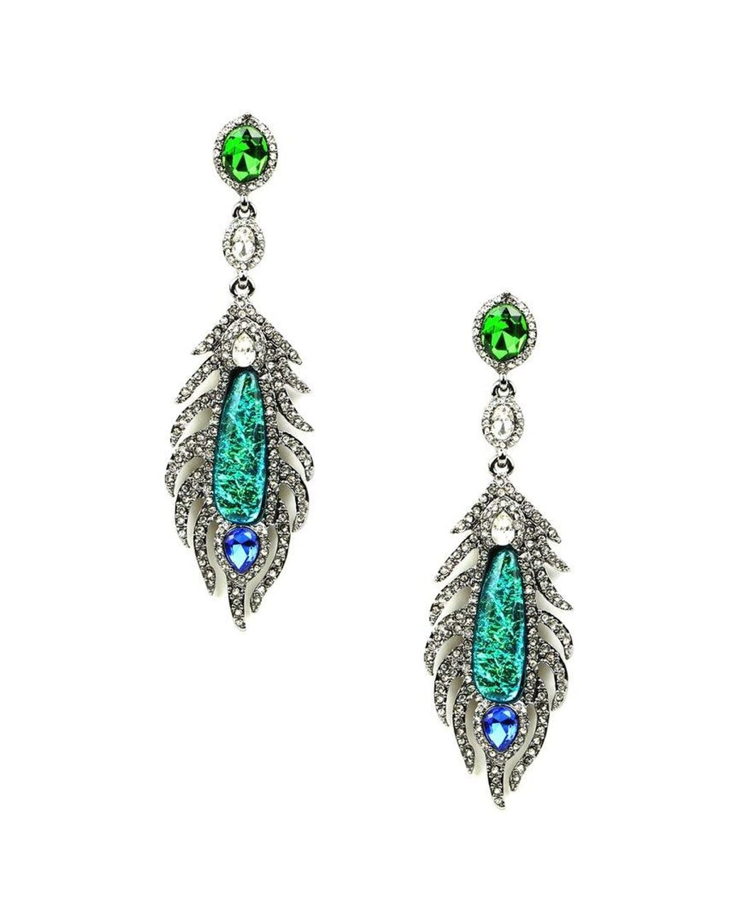 Eye Candy LA Blue Peacock Feather Drop Earrings