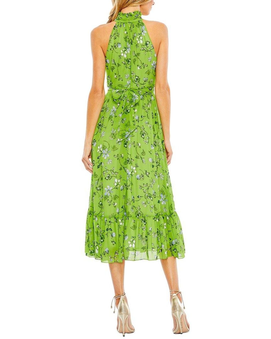 Mac Duggal Green Tea-Length V-Neck Sequin Beaded Ruffle Dress