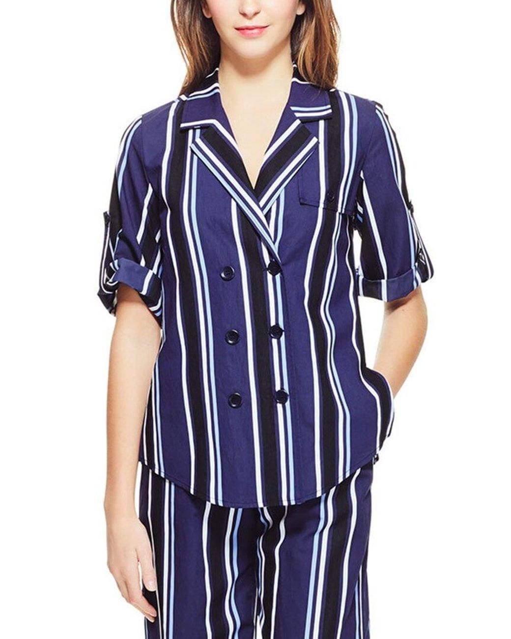 PEARL BY LELA ROSE Blue Striped Camp Shirt