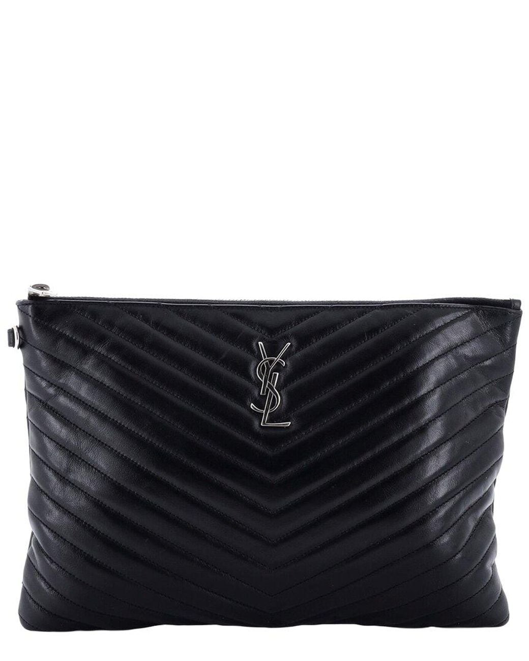Saint Laurent Black Matelasse Chevron Leather Classic Monogram Wristlet Pouch Medium (Authentic Pre-Loved)