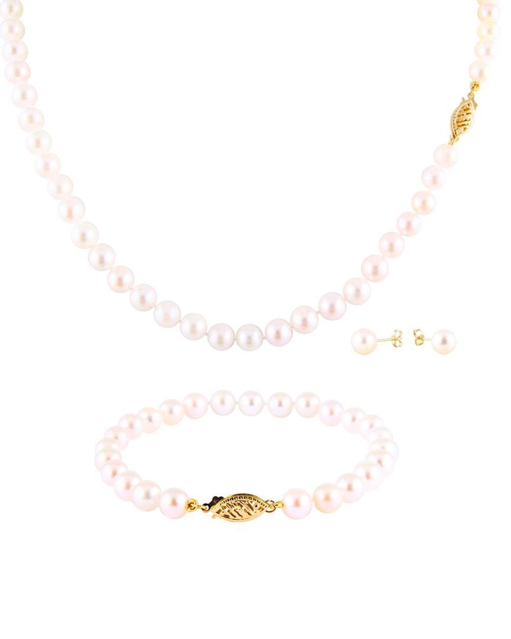 Splendid White 14k 6-7mm Akoya Pearl Necklace, Bracelet, & Drop Earring Set
