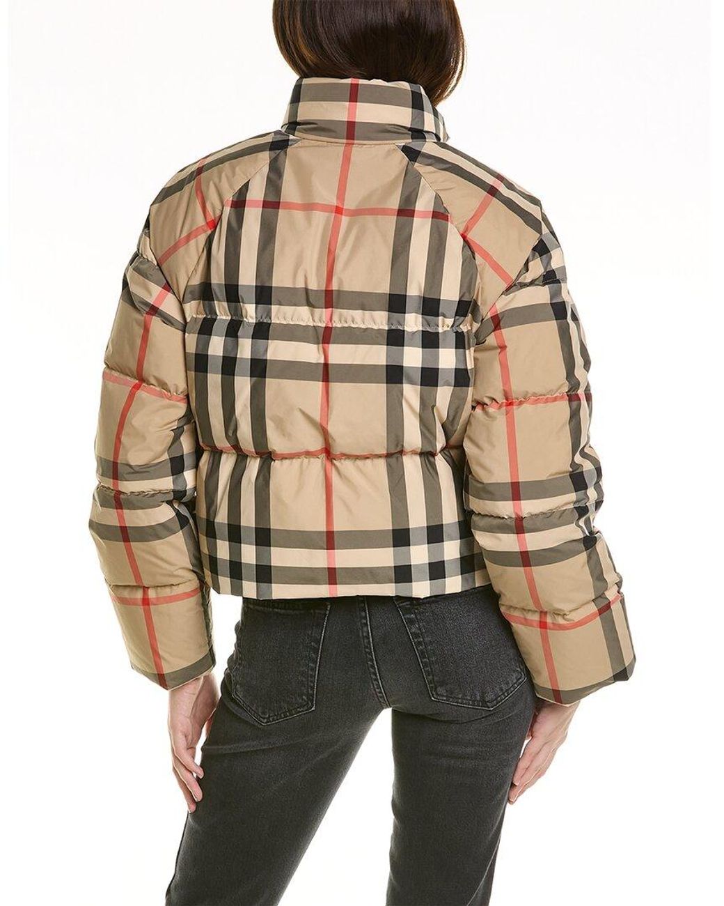 Burberry Check Cropped Puffer Jacket in Natural | Lyst