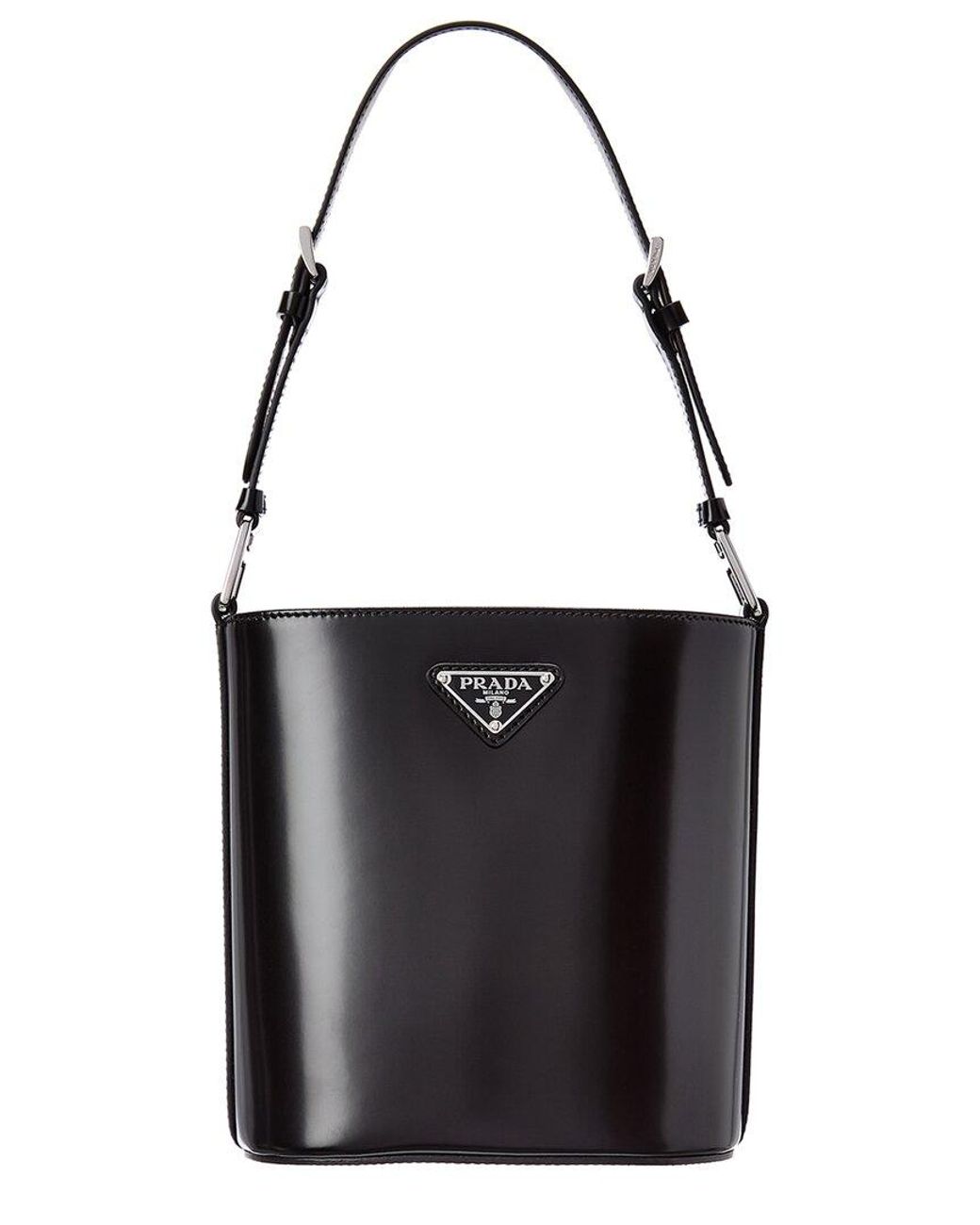 Prada Logo Brushed Leather Bucket Bag in Black | Lyst