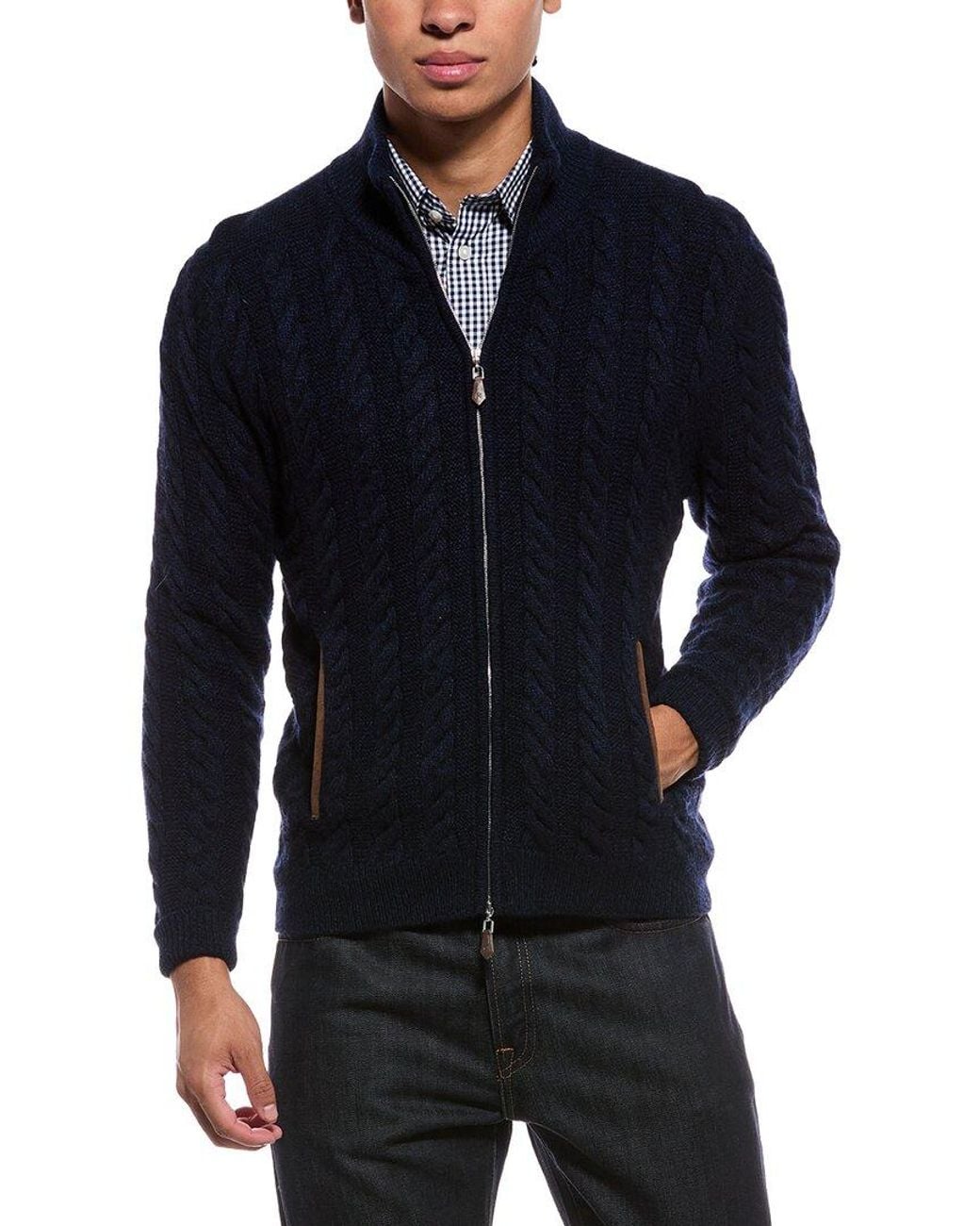 N.Peal Cashmere Blue Richmond Cable 100% Cashmere Cardigan for men