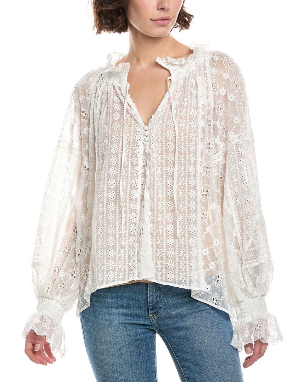 Alice + Olivia White Norah Eyelet Peasant Blouse