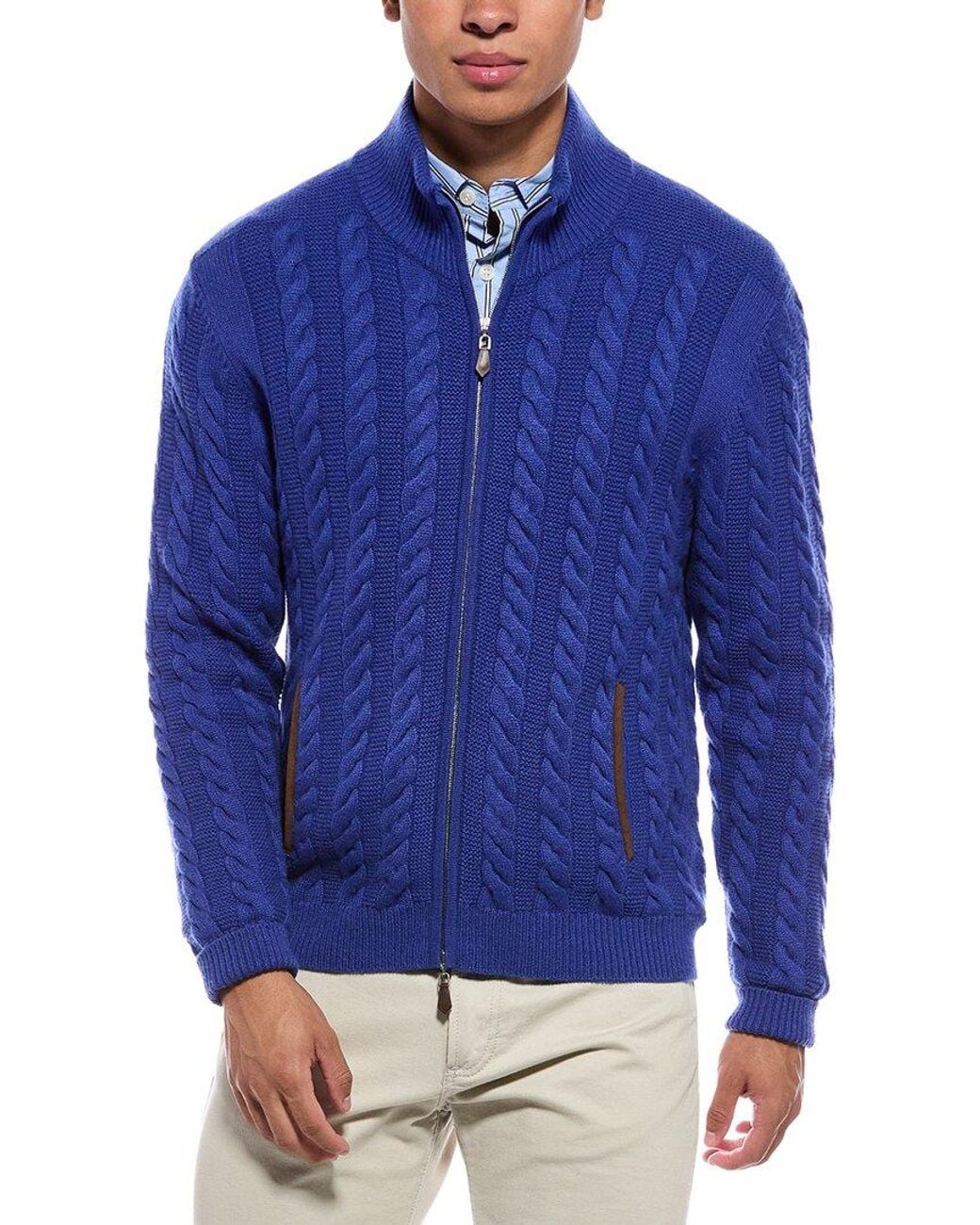 N.Peal Cashmere Blue Richmond Cable 100% Cashmere Cardigan for men