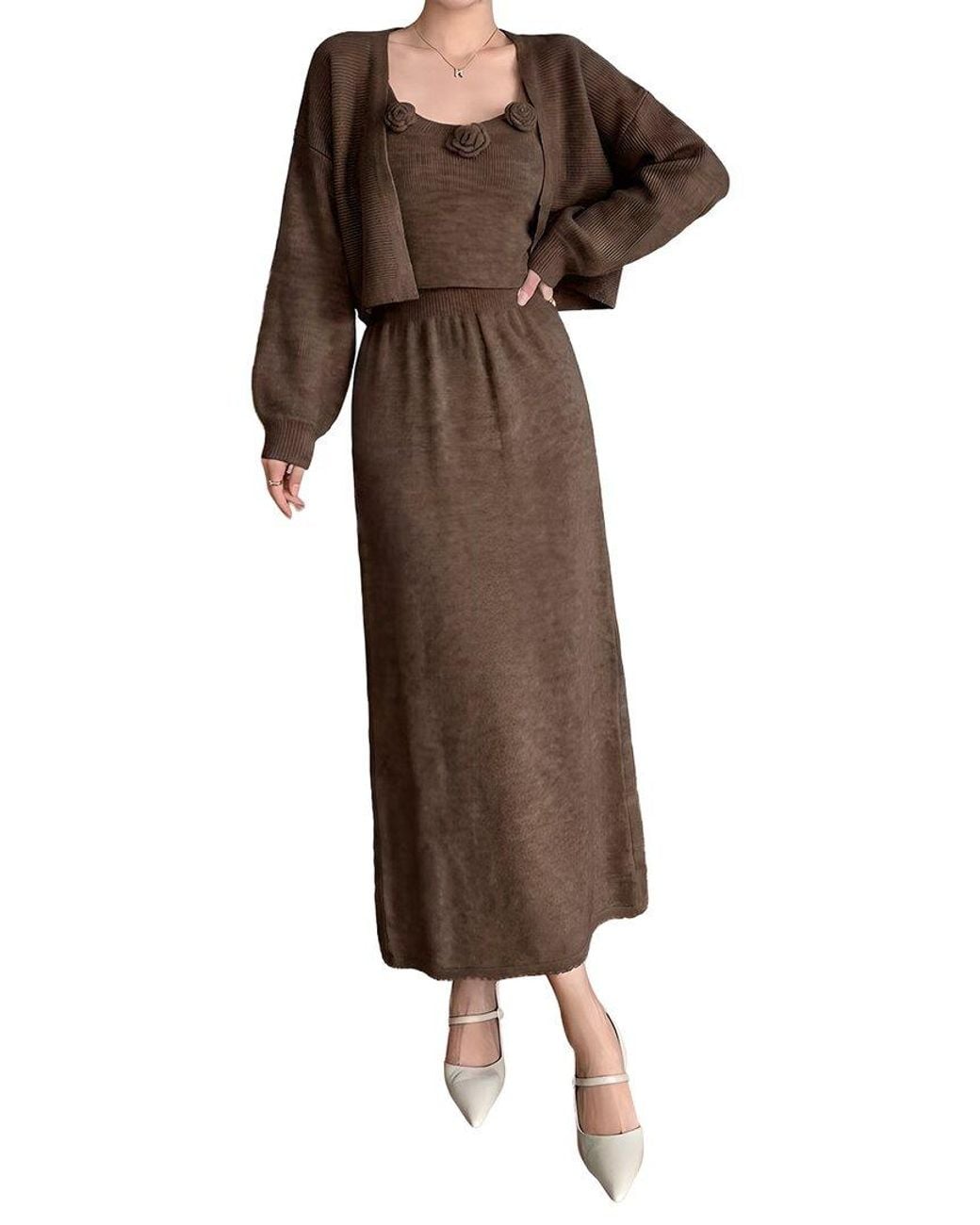 Tedora Brown 3P Cardigan, Top, & Skirt Set