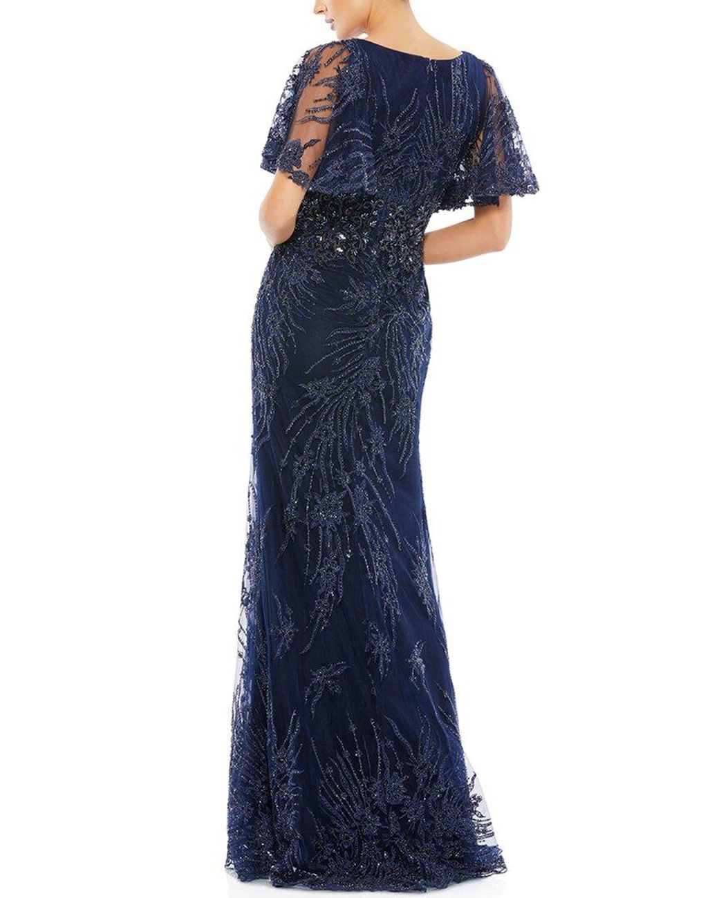 Mac Duggal Blue Embellished Illusion Butterfly Sleeve A-Line Gown
