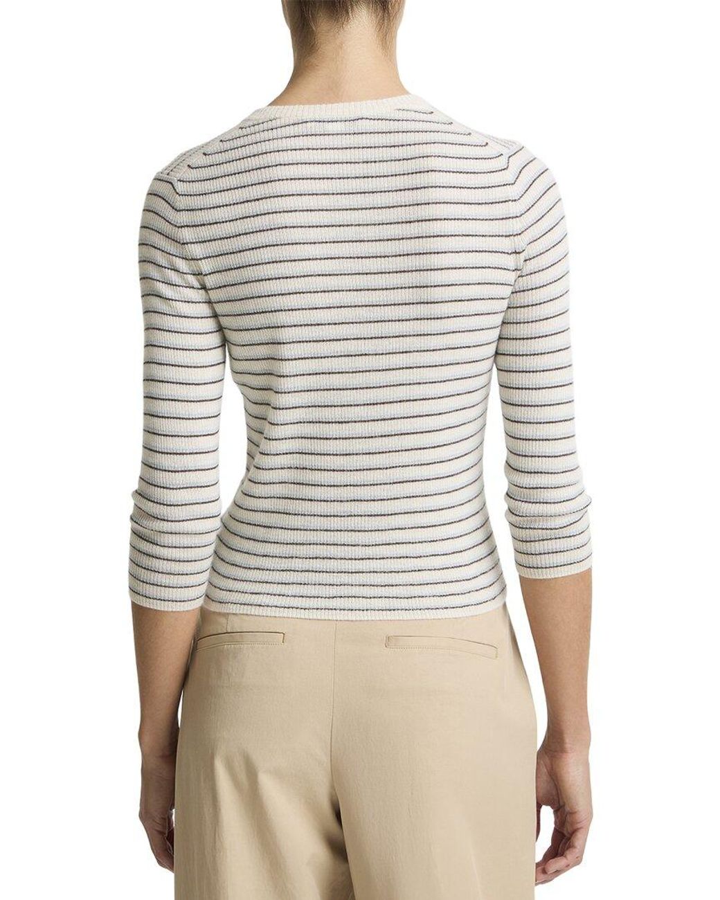 Vince Gray Striped High V-Neck Cashmere & Silk-Blend Sweater