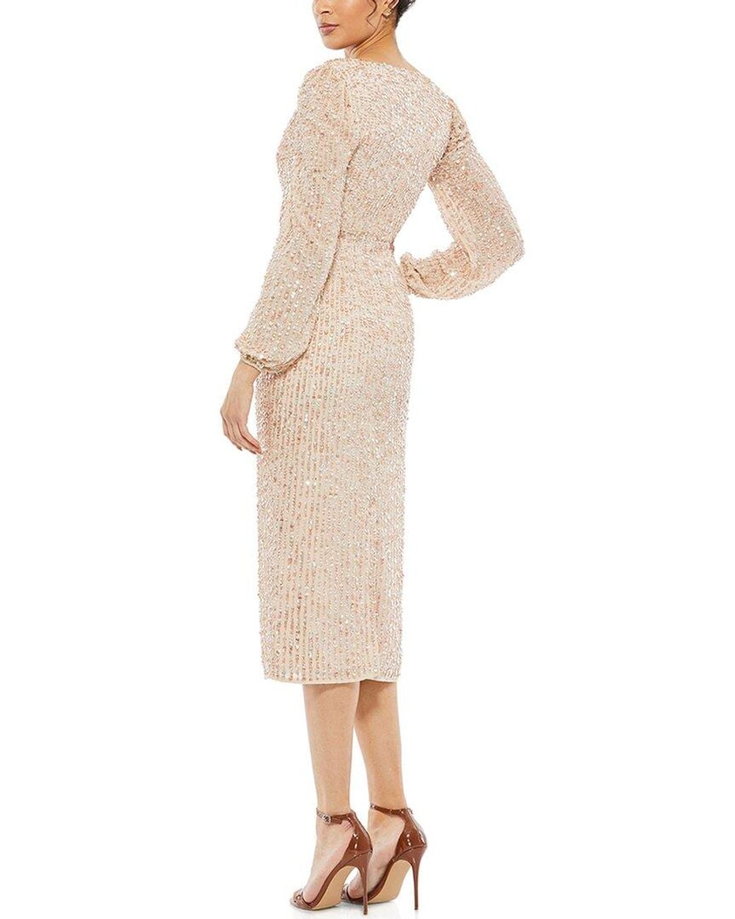 Mac Duggal Natural Dnu Sequined Illusion Puff Sleeve V-Neck Midi Dress