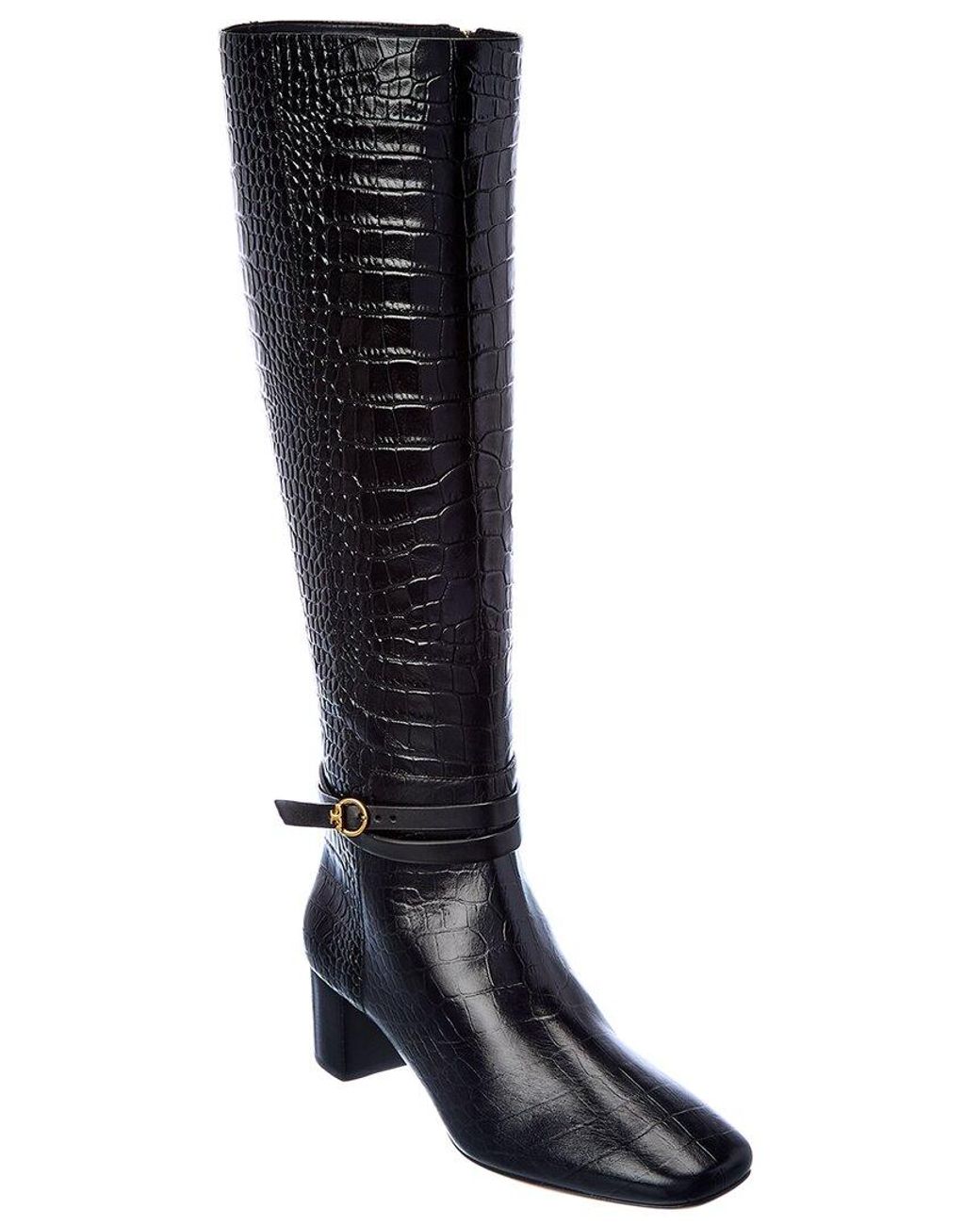 Tory Burch Squared Toe Croc-embossed Leather Knee-high Boot in Black | Lyst