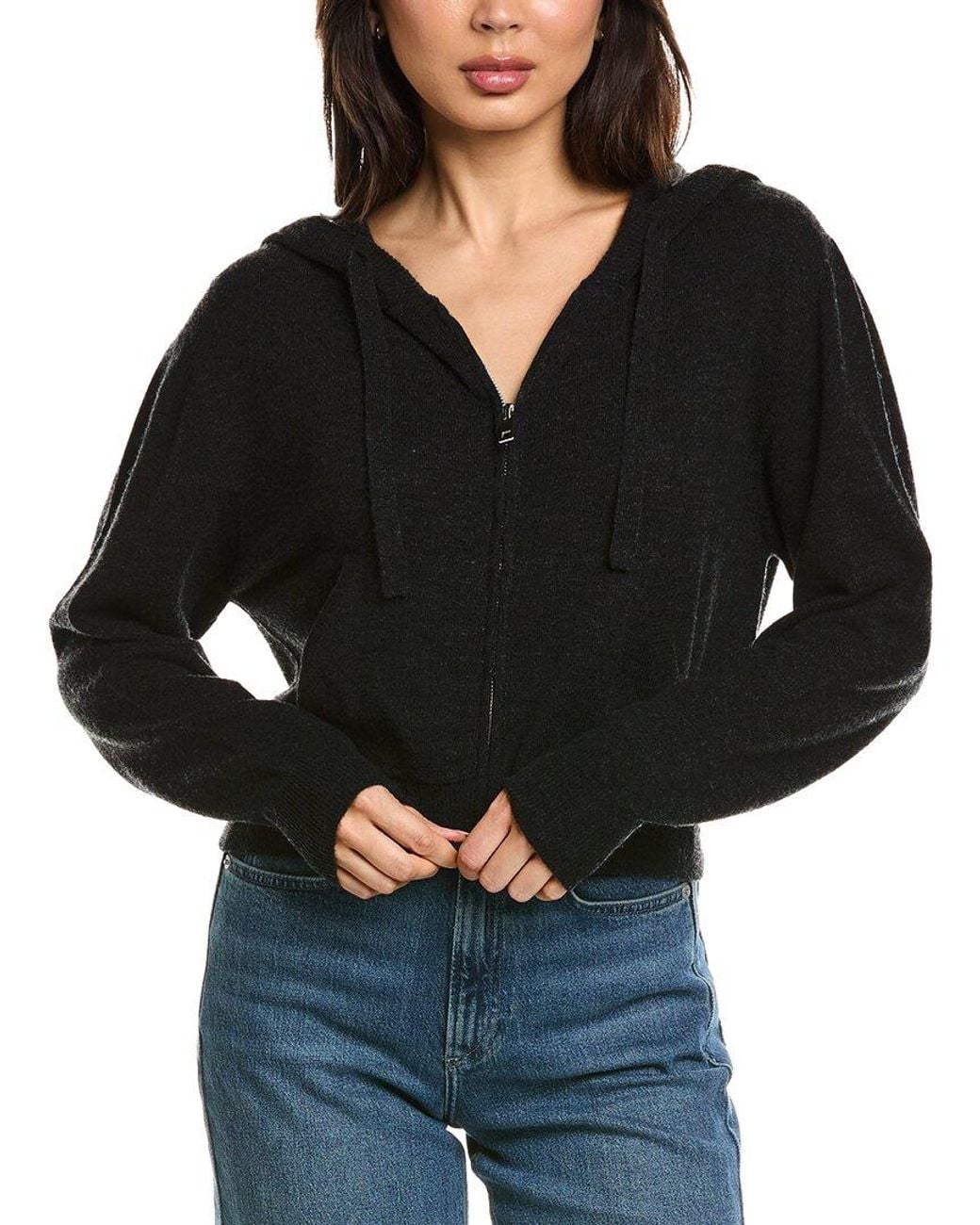 Brodie Cashmere Black Cropped Zip Up Wool & Cashmere-Blend Hoodie