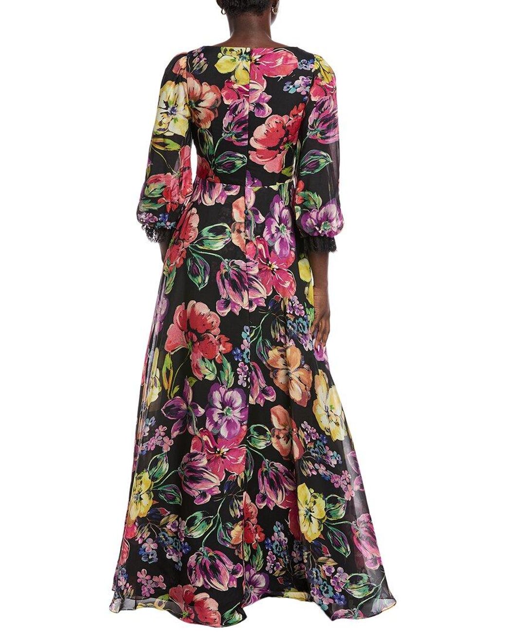 Teri Jon Red Floral Chiffon Silk Gown