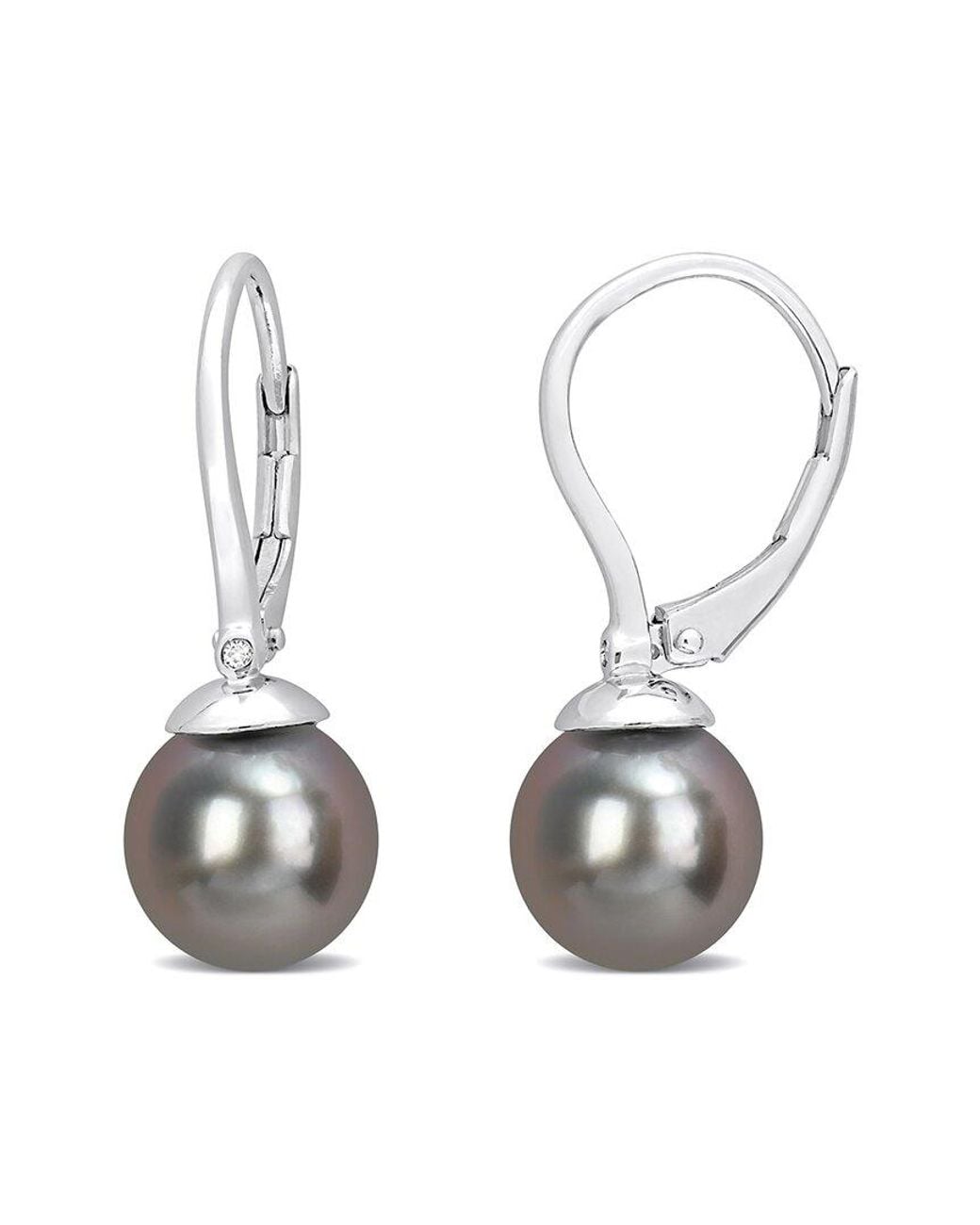 Rina Limor White Silver 0.01 Ct. Tw. Diamond 8-8.5mm Pearl Earrings