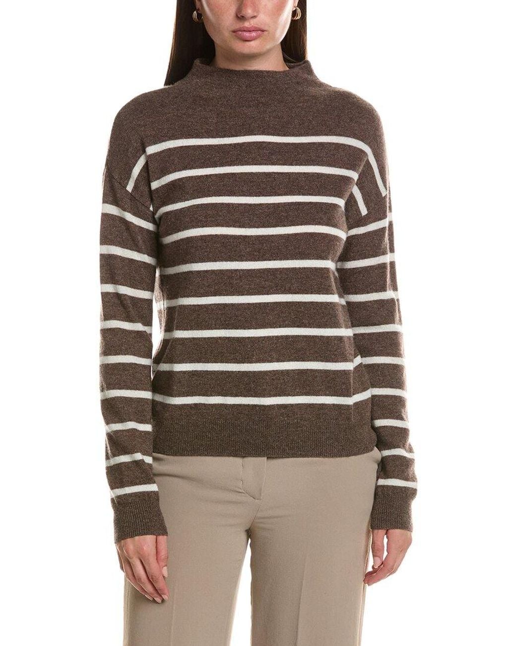 Bruno Magli Brown Jersey Striped Funnel Neck Wool & Cashmere-blend Sweater