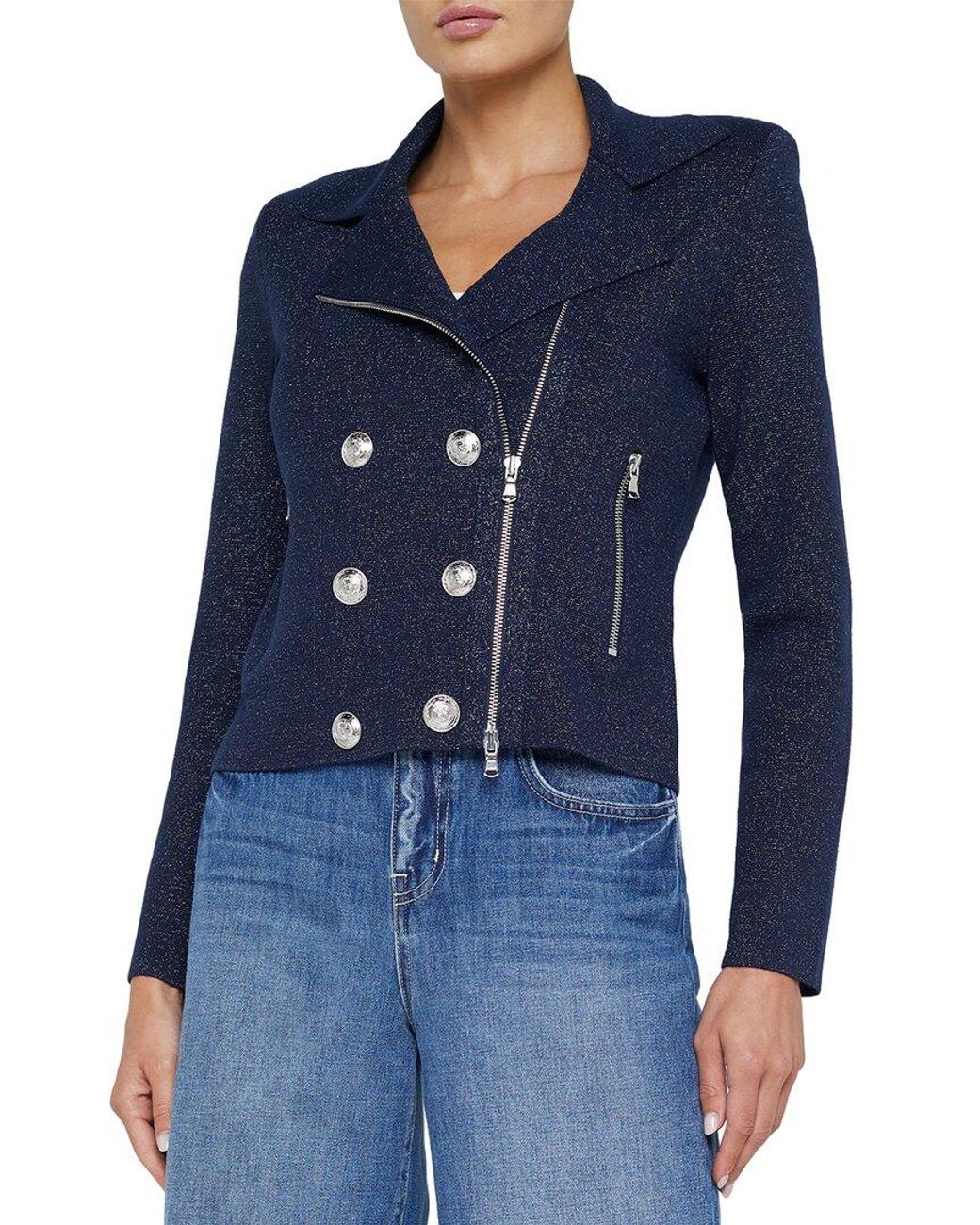 L'Agence Blue Chia Metallic Knit Biker