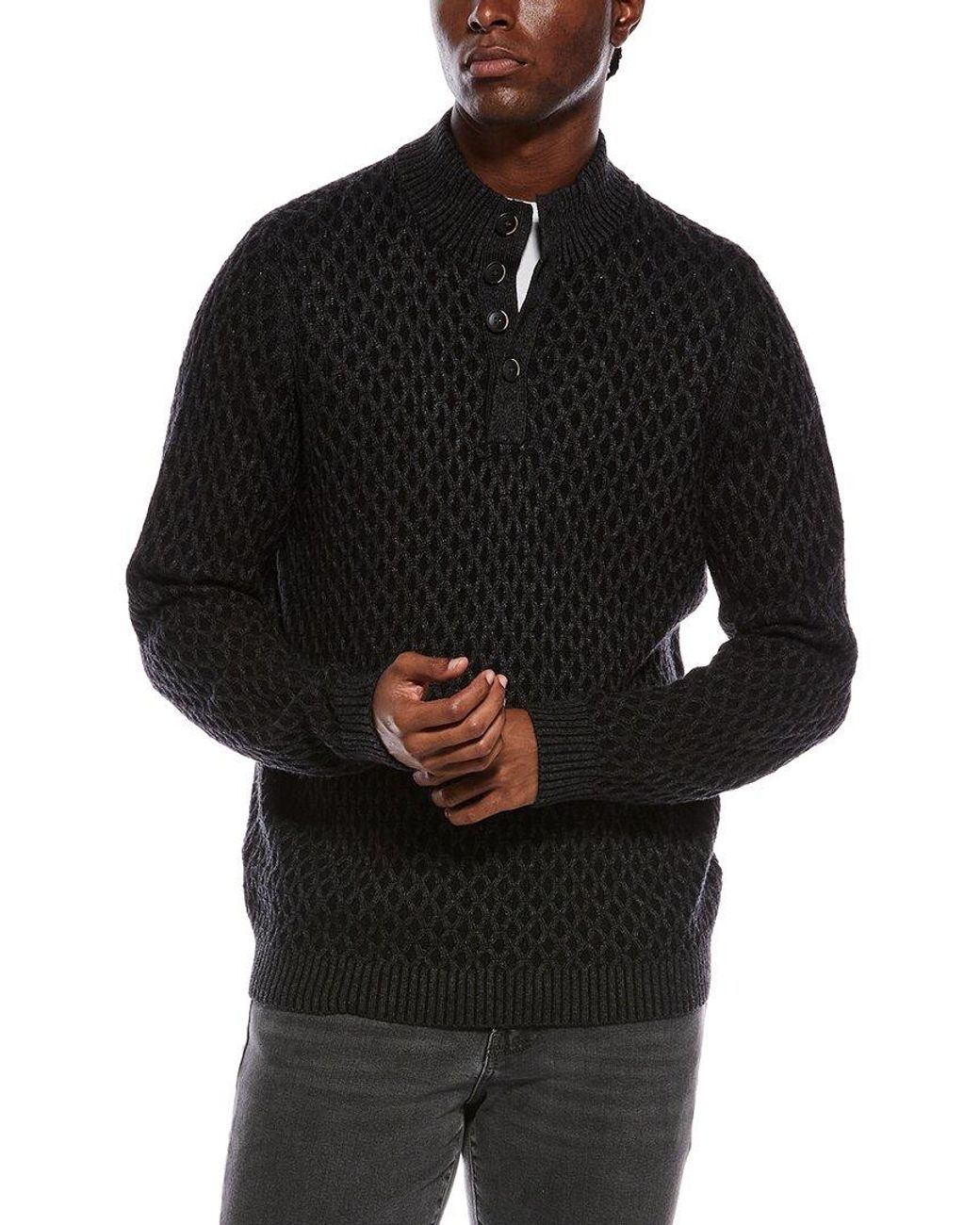 Tommy Bahama Black Cross Cable Wool & Alpaca-Blend Button Neck Mock Sweater for men