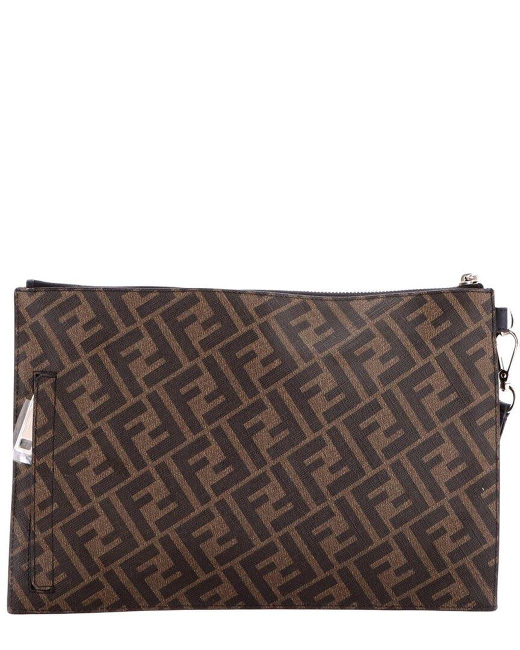 Fendi Gray Zucca Coated Canvas & Leather Zip Flat Wristlet Pouch Medium (Authentic Pre-Loved)
