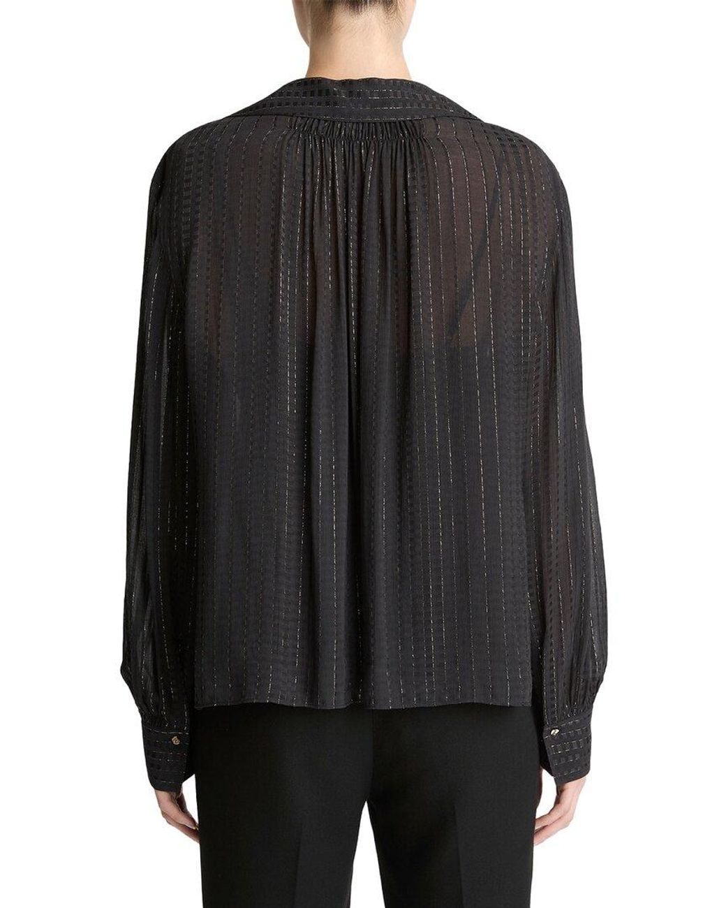 Vince Black Gathered Lurex Stripe Blouse
