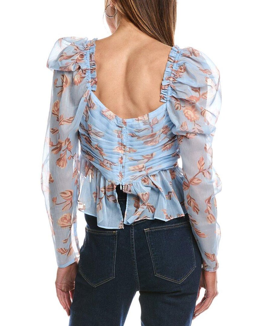 REVERIEE Blue Pleated Chiffon Top