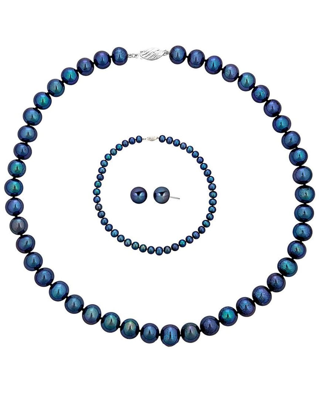 Belpearl Blue Silver 9-10mm Freshwater Pearl Necklace, Earrings, & Bracelet Set