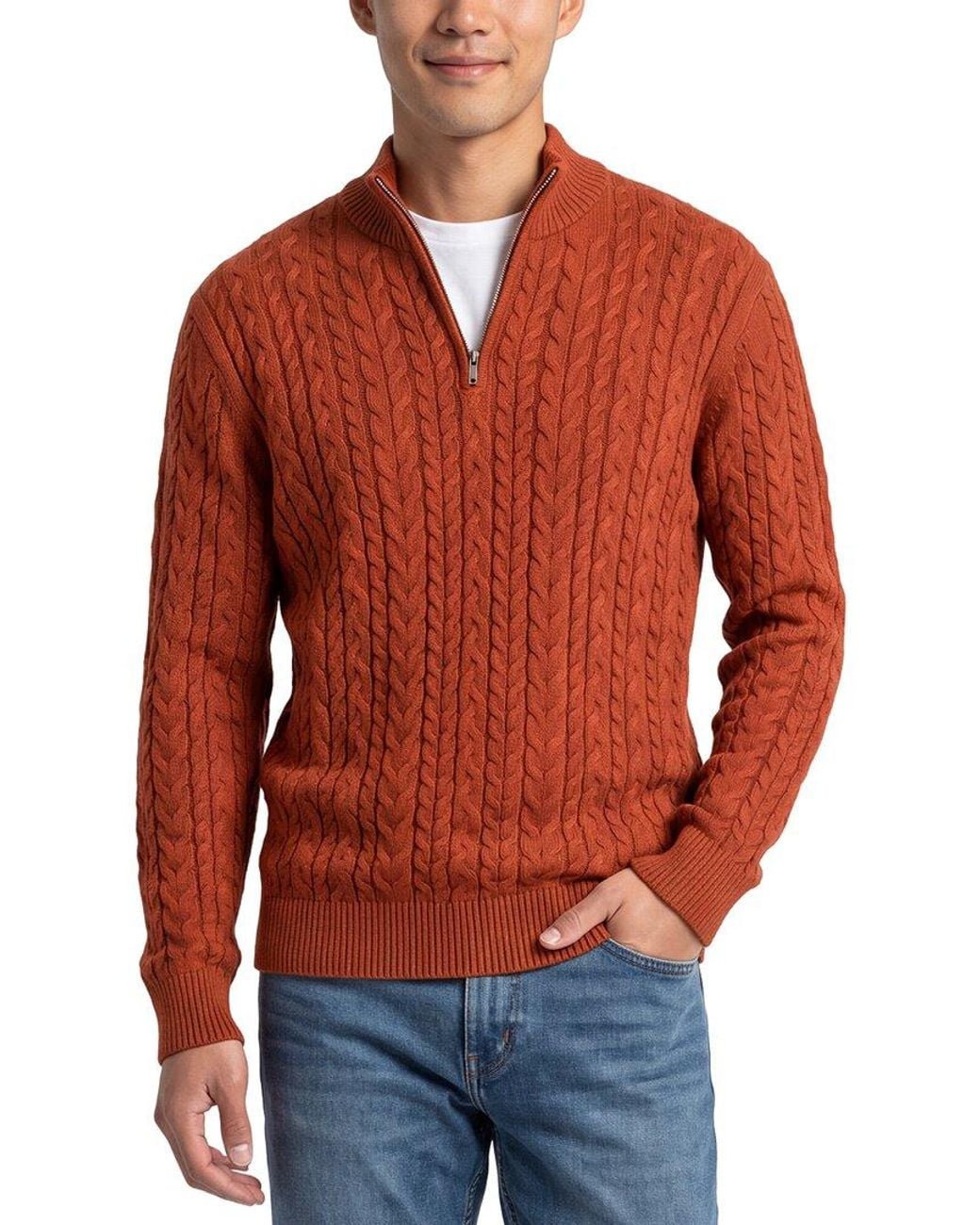 Raffi Red Cable 1/4-Zip Mock Neck Sweater for men
