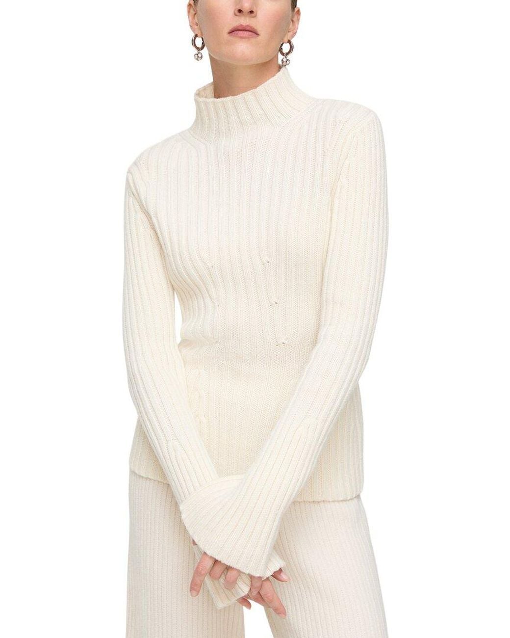 Lafayette 148 New York White Ribbed Bell Sleeve Wool & Cashmere-blend Sweater
