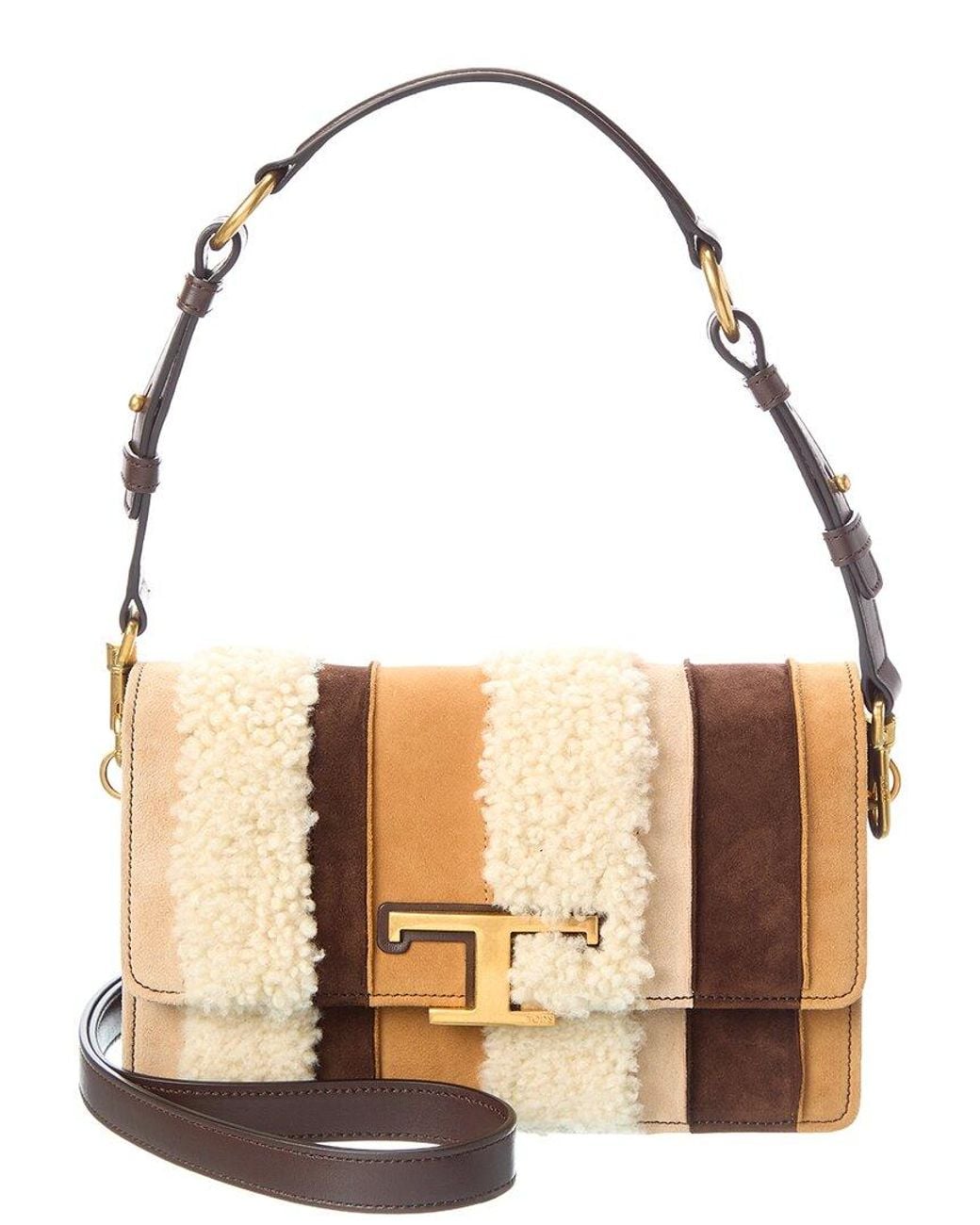 Tod's Brown T Timeless Suede & Shearling Shoulder Bag