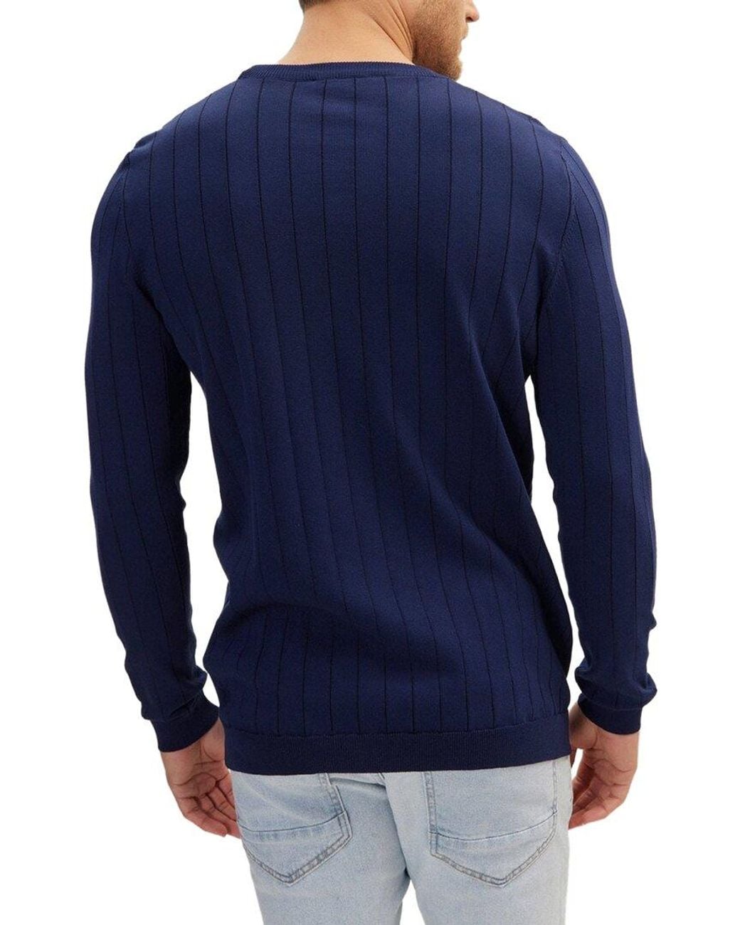 Ron Tomson Blue Slip-Stitch Crew Neck Long Sleeve Sweater for men
