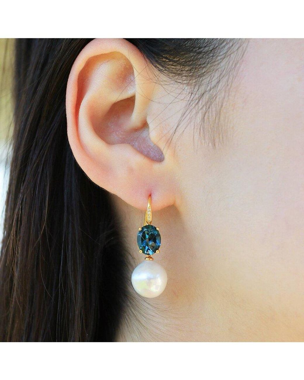 Kai Fine Jewelry Blue 14K 6.45 Ct. Tw. Diamond & London Topaz & 12-13Mm Pearl Drop Earrings