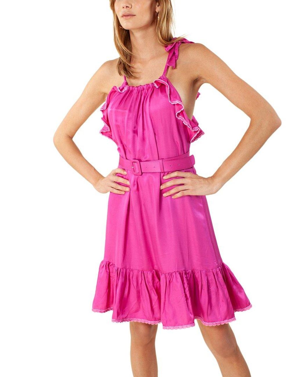 Hale Bob Pink Solid Belted Silk-Blend Dress