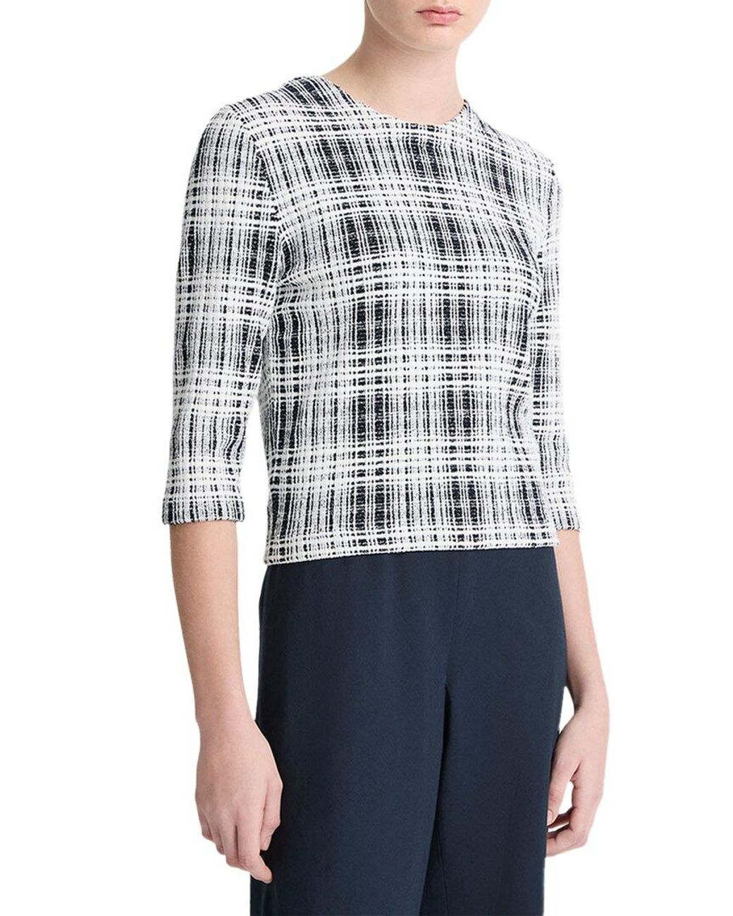 Vince Blue Boucle Plaid Elbow Sleeve Top