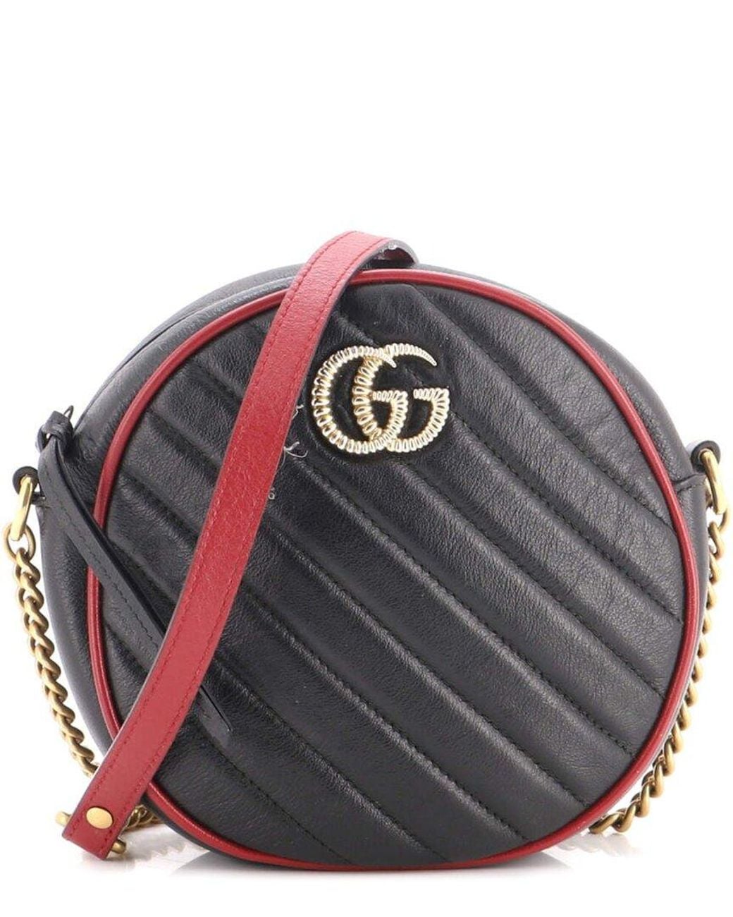 Gucci Gray Diagonal Quilted Leather Gg Marmont Round Shoulder Bag Mini (Authentic Pre-Loved)