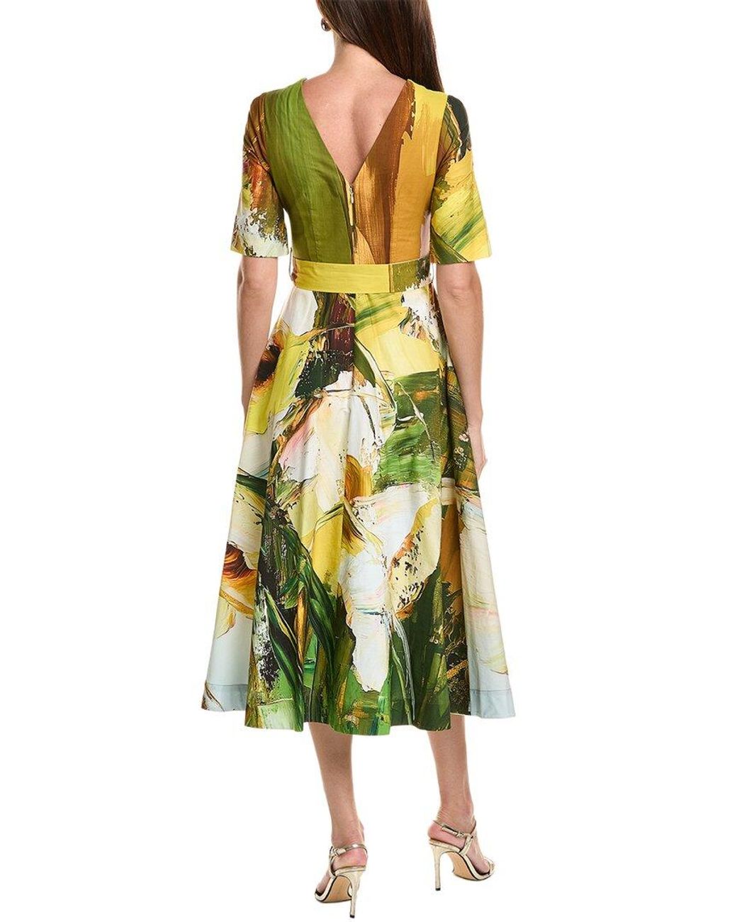 Teri Jon Yellow Apron V-Back Watercolor Print A-Line Dress