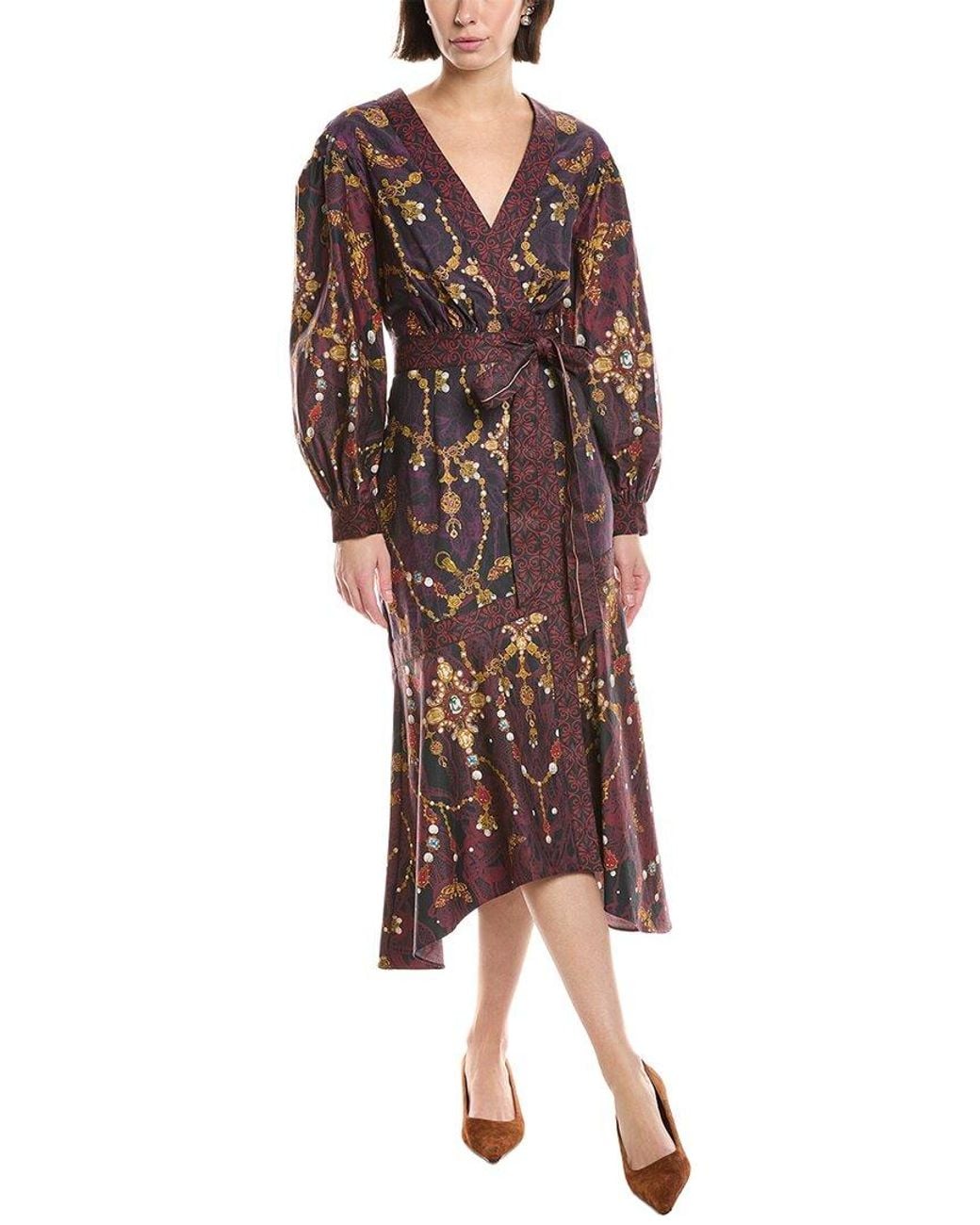 Marchesa Red Printed V-Neck Midi Dress