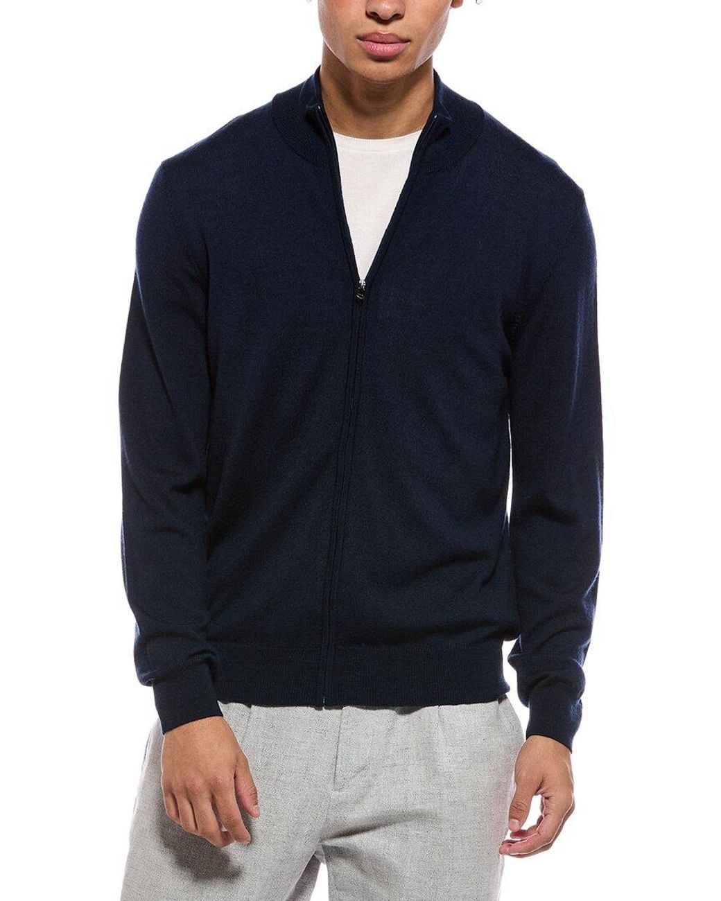Bruno Magli Blue Merino Wool-Blend Blend Zip Mock Neck Sweater for men
