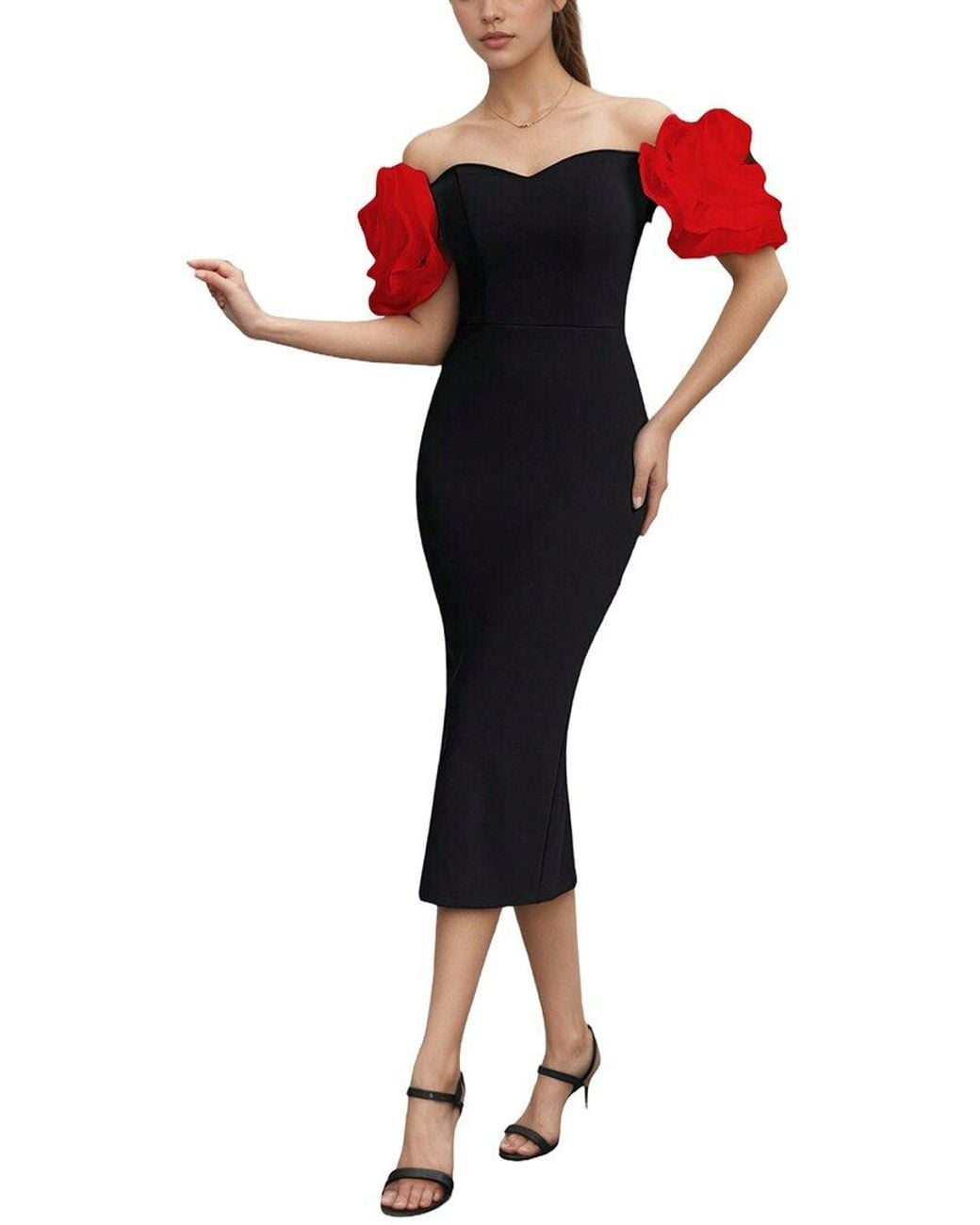 Dilireba Red Off Shoulder Solid Midi Dress