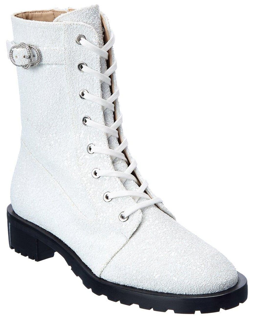 Stuart Weitzman White Crystal Buckle Lace-Up Bootie