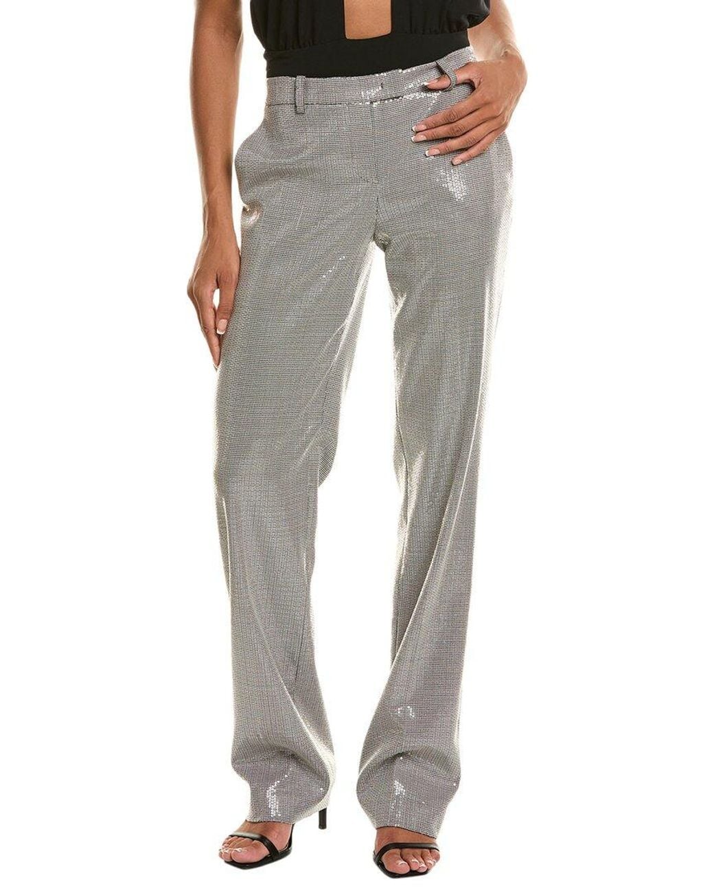 Michael Kors Gray Carolyn Embroidered Sequin Dogtooth Stretch Wool Trousers