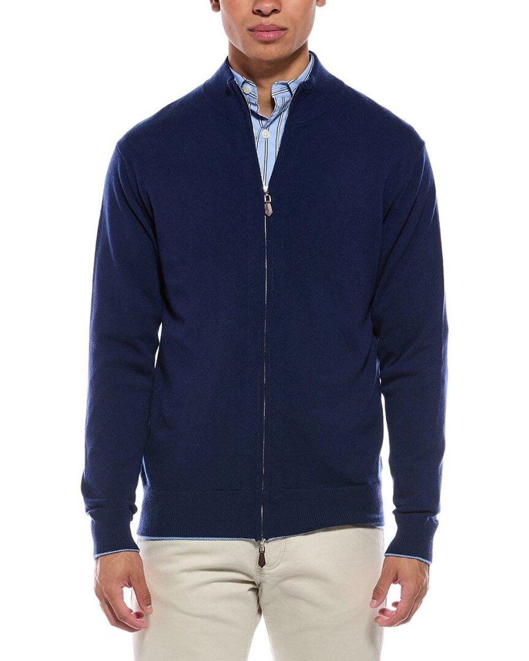 N.Peal Cashmere Blue Knightsbridge Full Zip 100% Cashmere Mock Neck Sweater for men