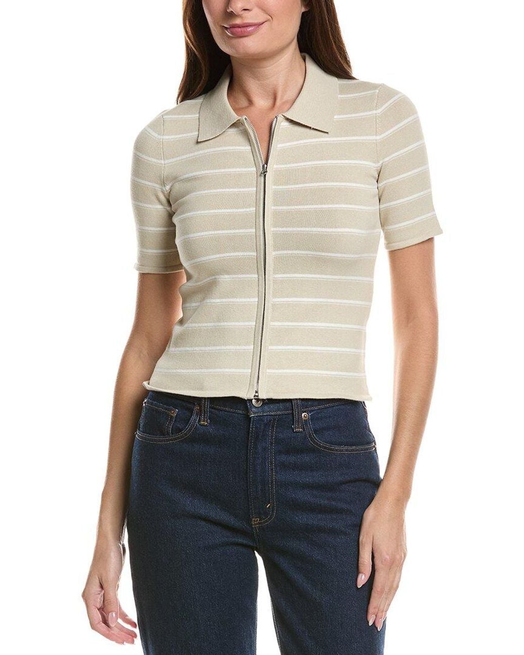 Rag & Bone White Leanne Stripe Zip Polo Top