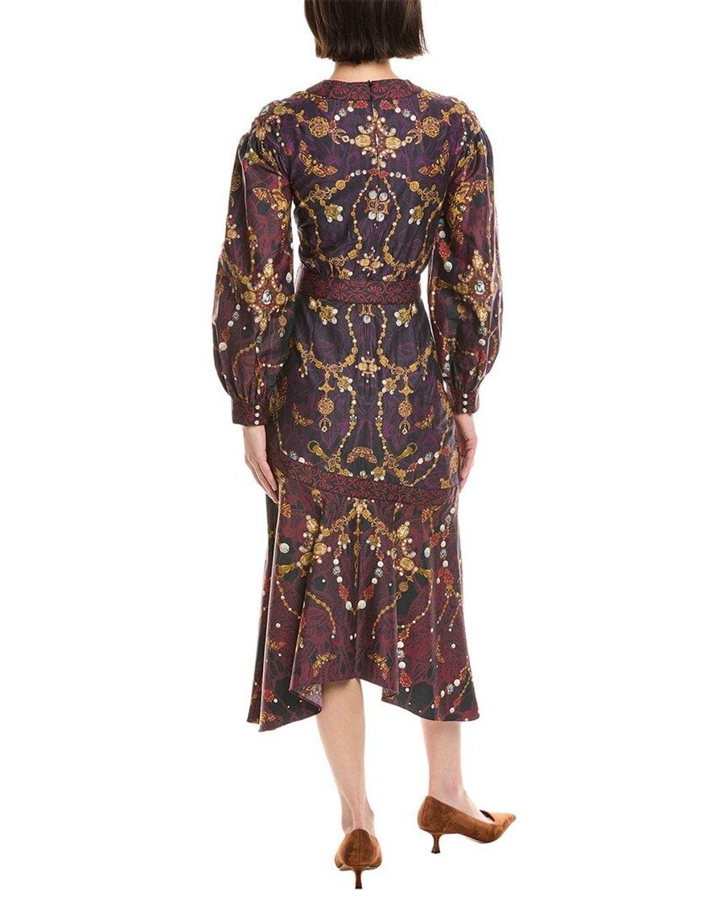 Marchesa Red Printed V-Neck Midi Dress