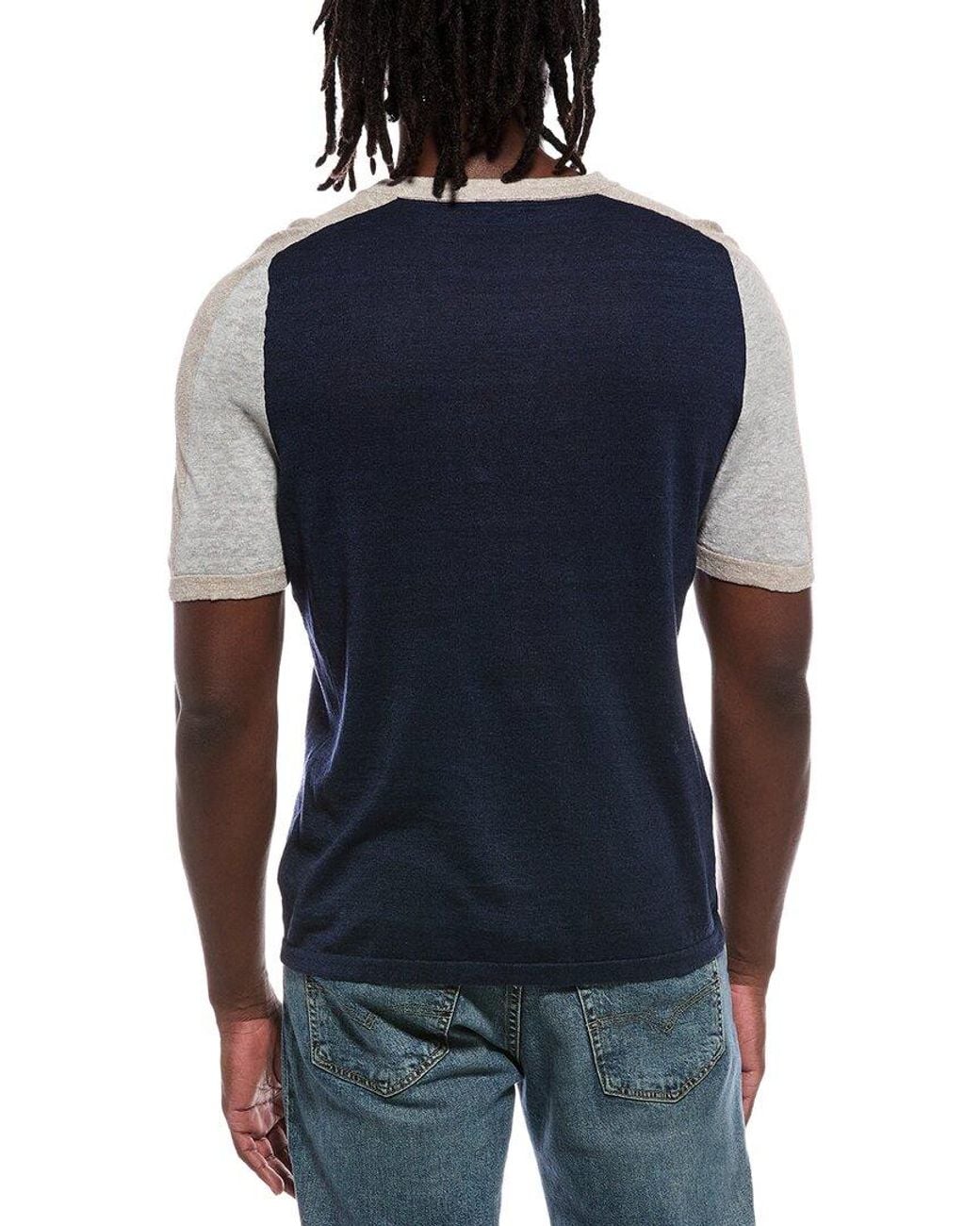 Autumn Cashmere Blue Colorblock Saddle Linen-Blend T-Shirt for men