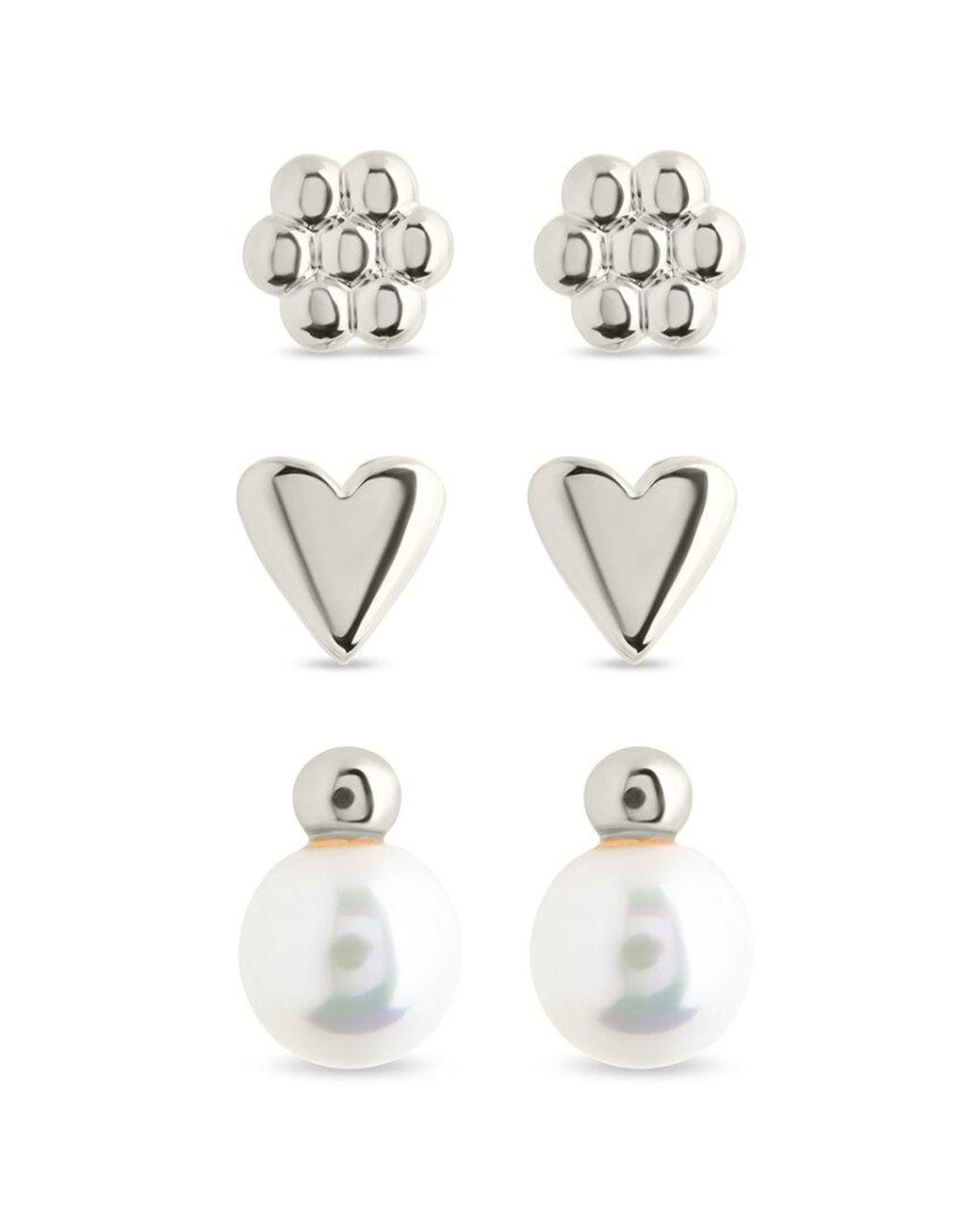 Sterling Forever White Silver 9.5mmmm Pearl Irene Pearl, Flower, & Heart Set Of 3 Earrings