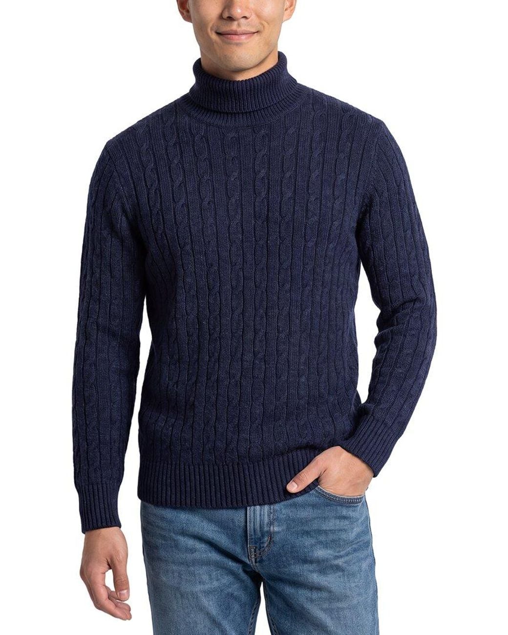 N.Peal Cashmere Blue Berwick Cable 100% Cashmere Roll Neck Sweater for men