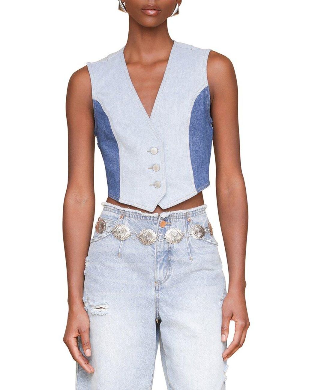 Avec Les Filles Blue Colorblocked Cropped Vest